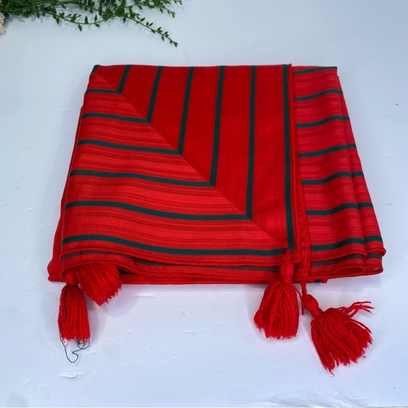Vintage Red With Green Stripe Square Table Scarf Tablecloth Corner Tassels - Picture 3 of 6